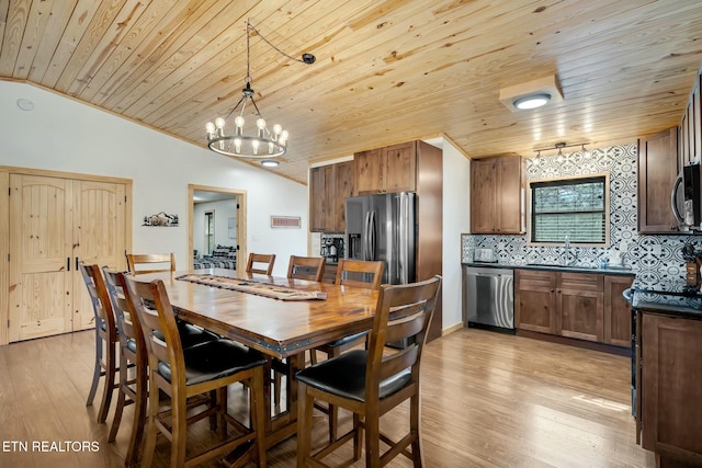 dining area featuring sink, wooden ceiling, light hardwood / wood-style flooring, a chandelier, and lofted ceiling