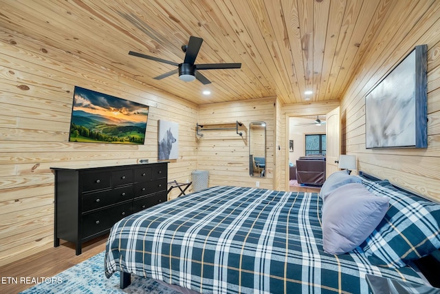 bedroom featuring hardwood / wood-style flooring, ceiling fan, wooden ceiling, and wooden walls