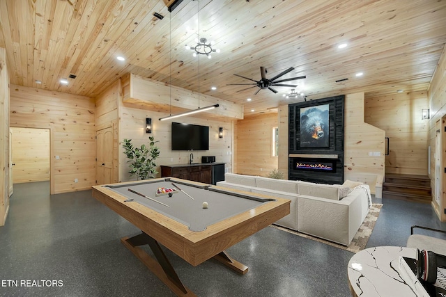 playroom with wooden walls, ceiling fan, wooden ceiling, and pool table