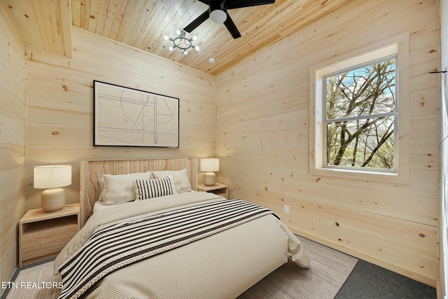 bedroom with ceiling fan, wood walls, and wood ceiling