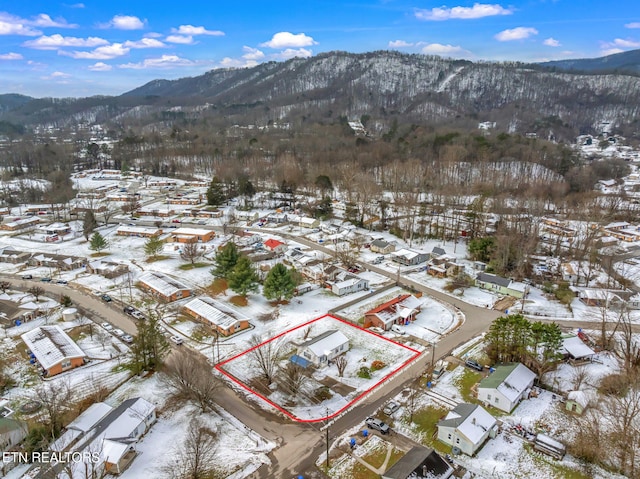 snowy aerial view with a mountain view