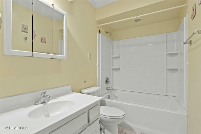 full bathroom with shower / bathing tub combination, vanity, toilet, and tile patterned flooring