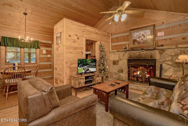 living room featuring wooden walls and wood ceiling