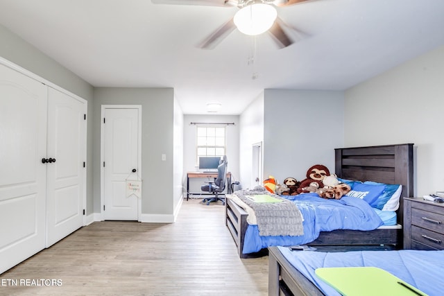 bedroom featuring ceiling fan and light hardwood / wood-style floors