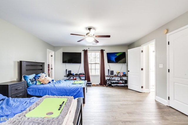 bedroom featuring ceiling fan and light wood-type flooring