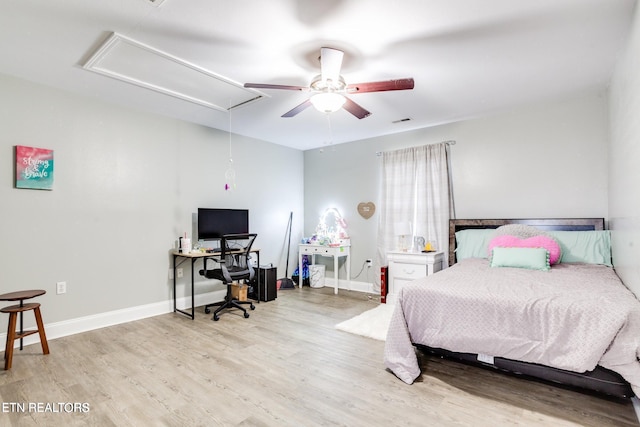 bedroom featuring ceiling fan and light wood-type flooring