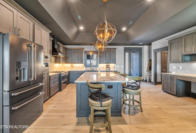 kitchen with wall chimney exhaust hood, premium appliances, a tray ceiling, pendant lighting, and a kitchen island