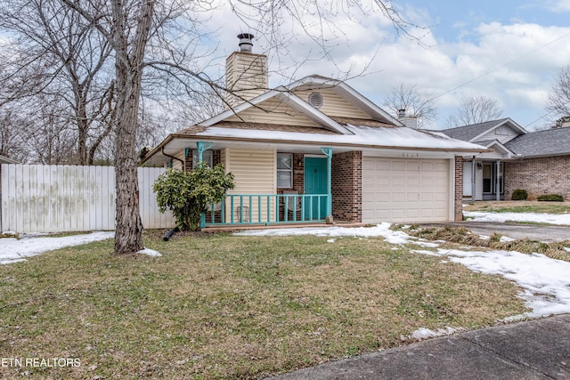 bungalow featuring a front yard, covered porch, and a garage