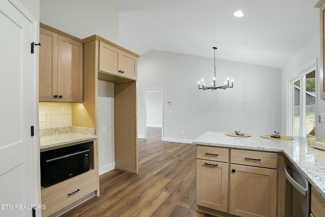 kitchen featuring pendant lighting, dark hardwood / wood-style floors, tasteful backsplash, a notable chandelier, and light stone countertops