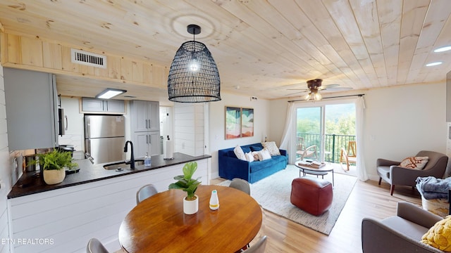 living room with ceiling fan, light hardwood / wood-style flooring, wood ceiling, and sink