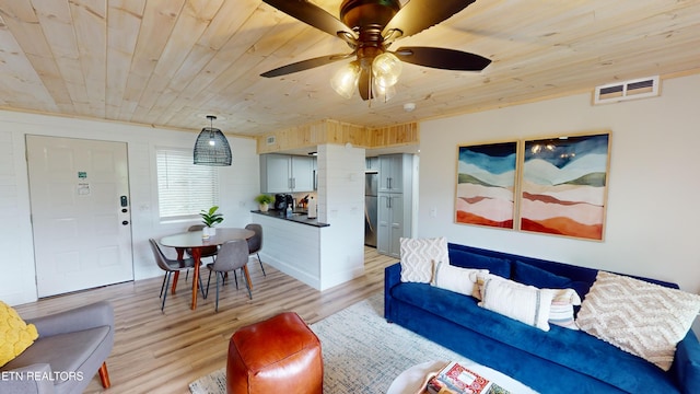 living room featuring ceiling fan, light wood-type flooring, and wooden ceiling