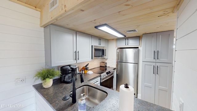 kitchen featuring wooden walls, sink, stainless steel appliances, and wooden ceiling