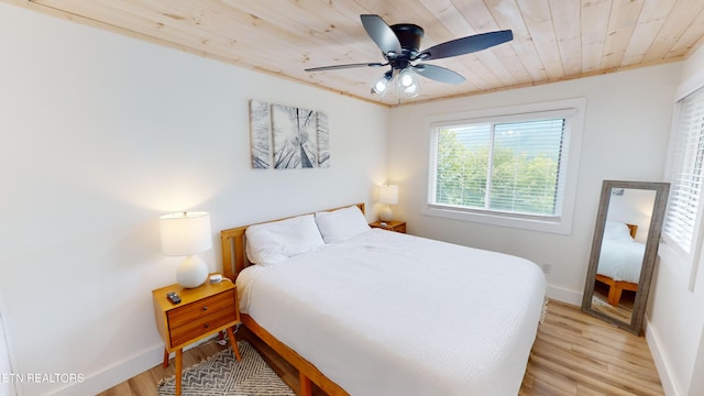 bedroom featuring ceiling fan, ornamental molding, wood ceiling, and light wood-type flooring