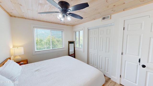 bedroom with light wood-type flooring, a closet, ceiling fan, and wood ceiling