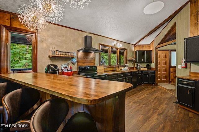 kitchen with sink, wall chimney range hood, black electric range oven, a notable chandelier, and vaulted ceiling