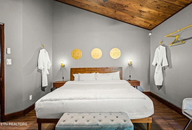 bedroom with dark hardwood / wood-style floors, wood ceiling, lofted ceiling, and ornamental molding