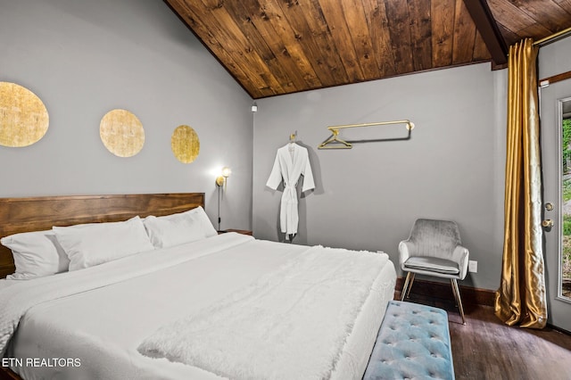 bedroom with dark hardwood / wood-style flooring, wooden ceiling, and vaulted ceiling