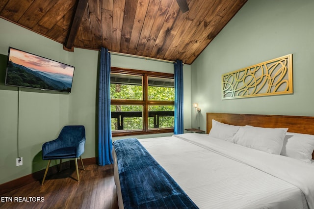 bedroom with dark hardwood / wood-style floors, vaulted ceiling, and wooden ceiling