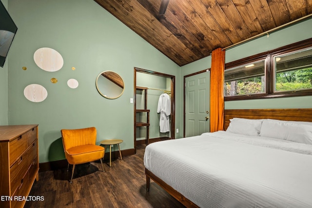 bedroom featuring dark hardwood / wood-style flooring, high vaulted ceiling, and wood ceiling