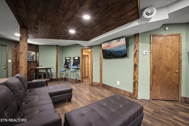 living room with hardwood / wood-style flooring and wood ceiling