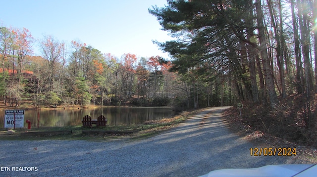 view of street with a water view