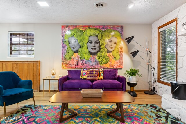 living room featuring a textured ceiling and hardwood / wood-style flooring