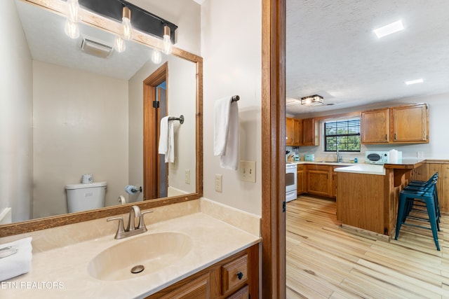 bathroom with vanity, hardwood / wood-style floors, a textured ceiling, and toilet