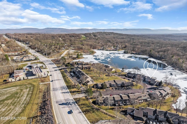 bird's eye view featuring a water and mountain view