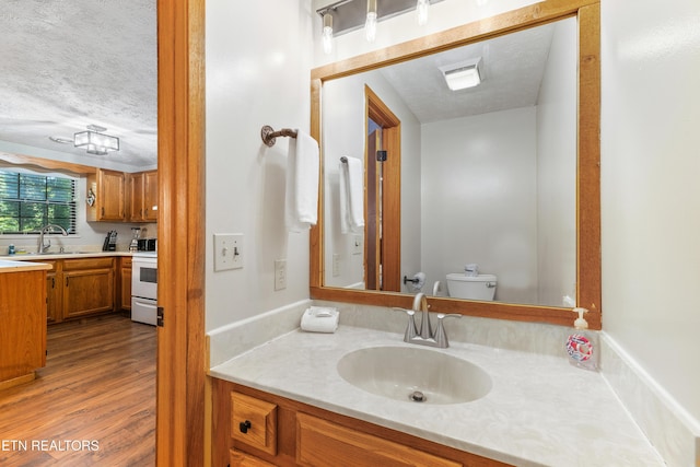 bathroom with toilet, vanity, a textured ceiling, and hardwood / wood-style flooring