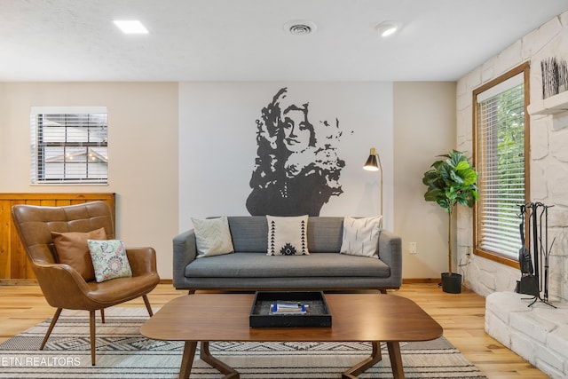 living room with light hardwood / wood-style flooring and a healthy amount of sunlight