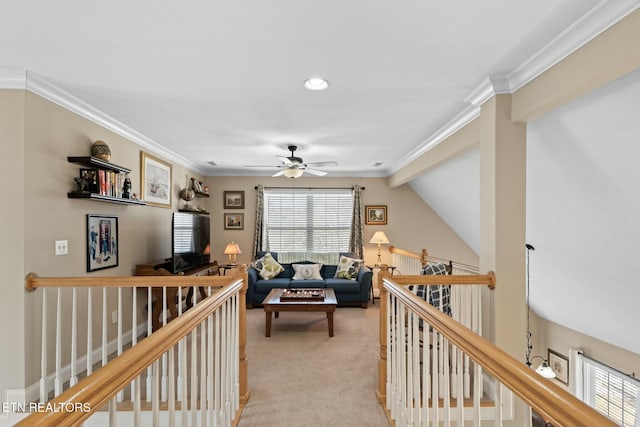 carpeted living room featuring lofted ceiling, ceiling fan, and crown molding