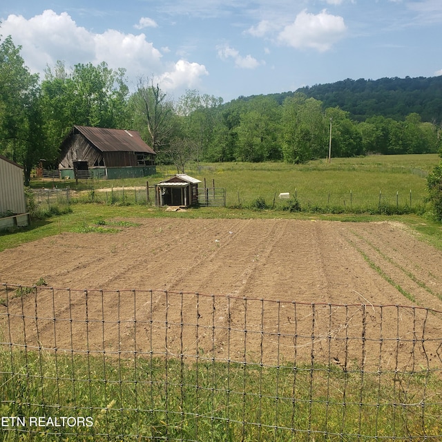 view of yard featuring an outdoor structure and a rural view