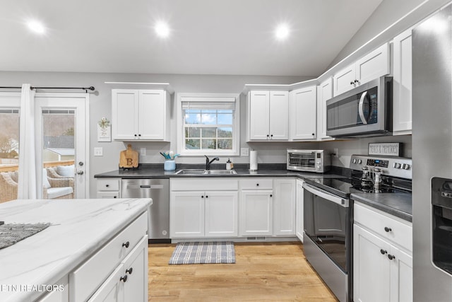 kitchen with stainless steel appliances, sink, and white cabinets