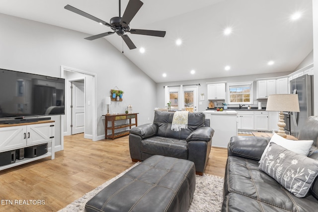 living room with high vaulted ceiling and light hardwood / wood-style floors