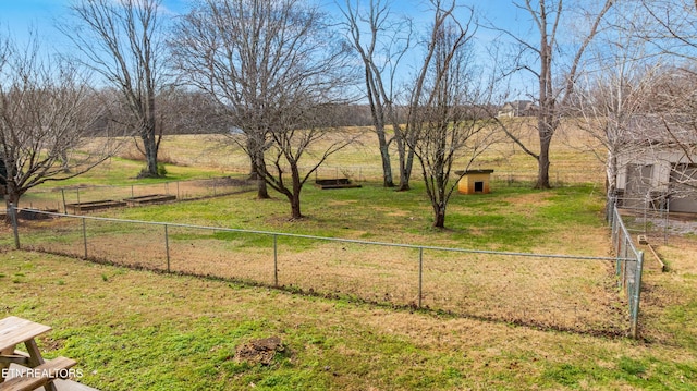 view of yard with a rural view and a shed