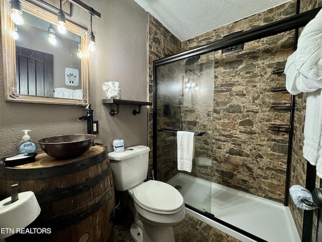 bathroom featuring toilet, an enclosed shower, a textured ceiling, and vanity