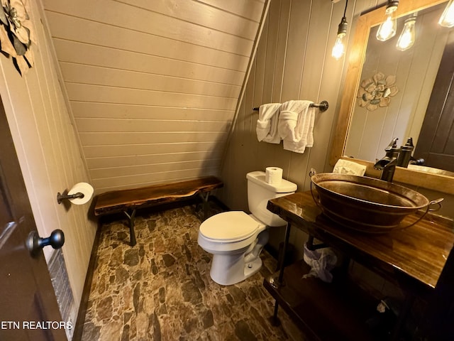 bathroom featuring wooden walls, sink, and toilet