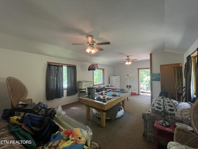 rec room with lofted ceiling and carpet flooring