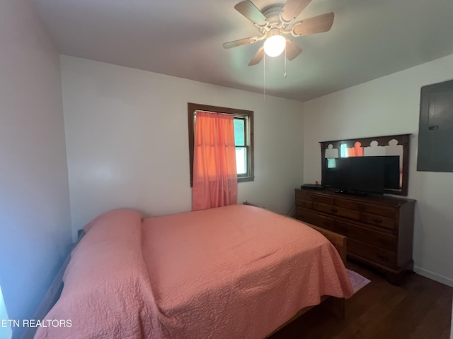 bedroom featuring dark hardwood / wood-style flooring, electric panel, and ceiling fan