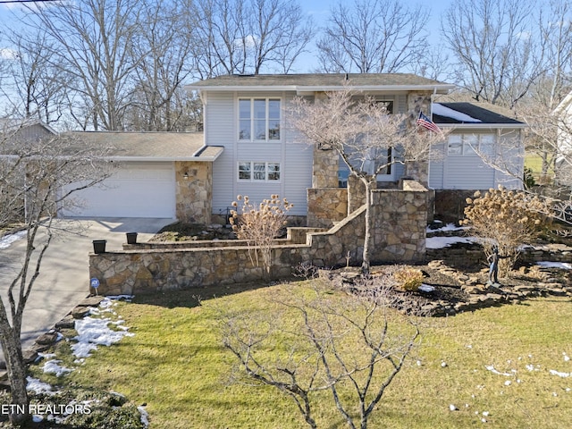 exterior space featuring a yard and a garage