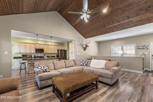 living room featuring high vaulted ceiling, wood-type flooring, and ceiling fan