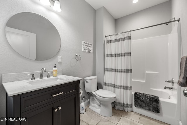 full bathroom with toilet, shower / bath combo with shower curtain, tile patterned floors, and vanity