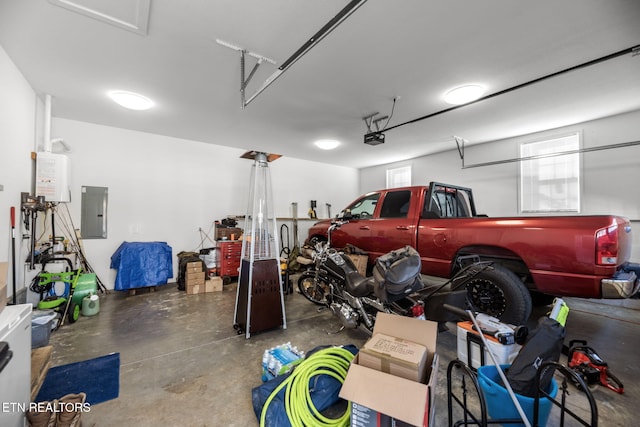 garage with a garage door opener, water heater, and electric panel