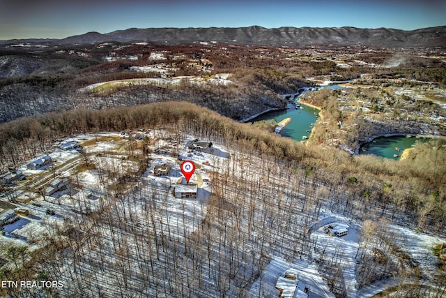 drone / aerial view with a water and mountain view