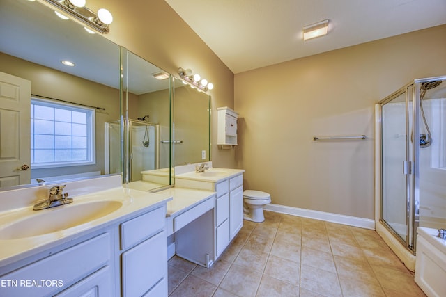 full bathroom featuring toilet, shower with separate bathtub, vanity, and tile patterned floors