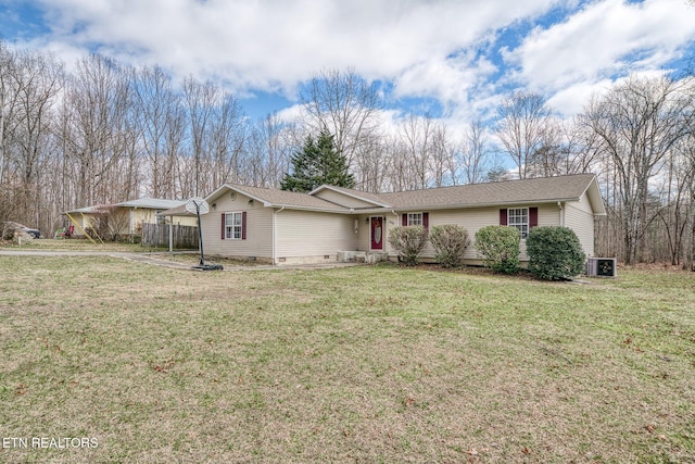 ranch-style home with crawl space, a front lawn, and central AC unit