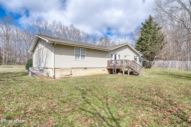 exterior space with a deck, fence, a yard, stairway, and crawl space