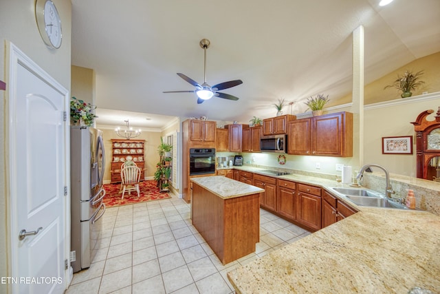 kitchen with appliances with stainless steel finishes, sink, a center island, lofted ceiling, and light tile patterned flooring