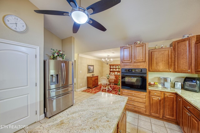 kitchen featuring light stone countertops, stainless steel refrigerator with ice dispenser, crown molding, oven, and light tile patterned floors