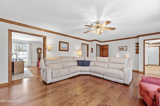 living room featuring ceiling fan, light hardwood / wood-style floors, ornamental molding, and a textured ceiling